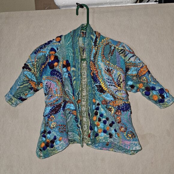 Anu Girls Unique Embroidered Jacket Size Large 100% Wool Colorful Wearable Art - Picture 1 of 16